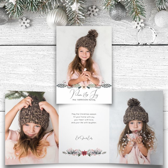 Modern Peace & Joy Christmas Botanical Photo Tri-Fold Card (Creator Uploaded)