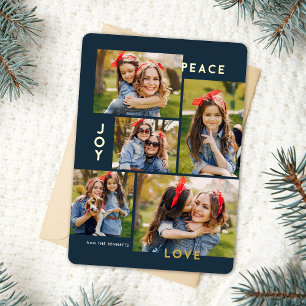 Modern Peace Joy Love Custom Color Collage Foil Holiday Card