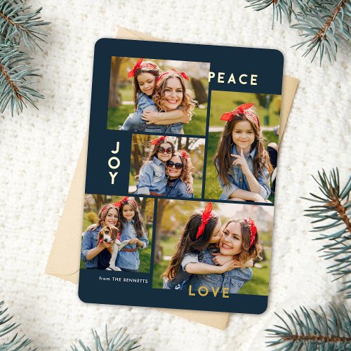 Modern Peace Joy Love Custom Color Collage  Foil Holiday Card