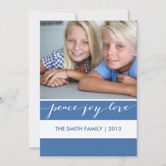 Modern Peace, Joy, Love Holiday Photo Card | Blue (Front)