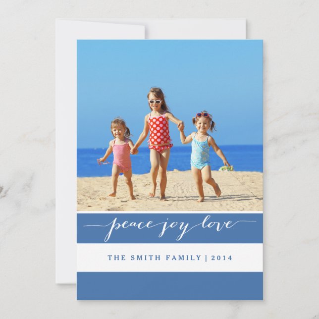 Modern Peace, Joy, Love Holiday Photo Card | Blue (Front)