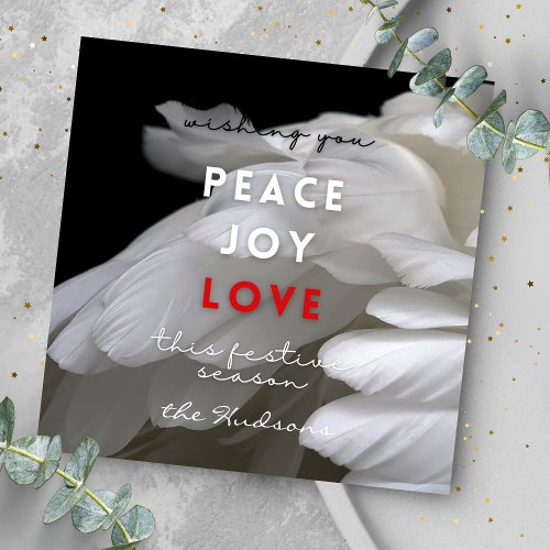 Modern Peace Joy Love White Feathers Christmas  Holiday Card