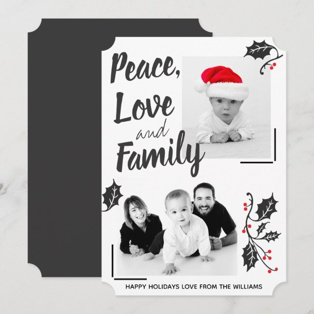 Modern Peace Love and Family Holiday Photo Card (Front/Back)