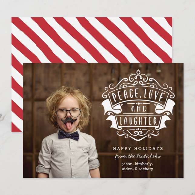 Modern Peace, Love, and Laughter Photo | White Holiday Card (Front/Back)