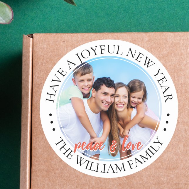 Modern Peace & Love Family Photo New Year Classic Round Sticker (Creator Uploaded)