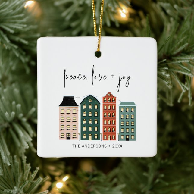 Modern Peace Love & Joy Christmas Town Holiday  Ceramic Ornament (Tree)