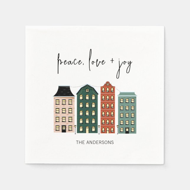 Modern Peace Love & Joy Christmas Town Holiday Napkins (Front)