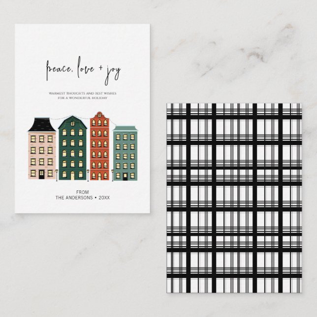 Modern Peace Love & Joy Christmas Town Holiday Note Card (Front/Back)