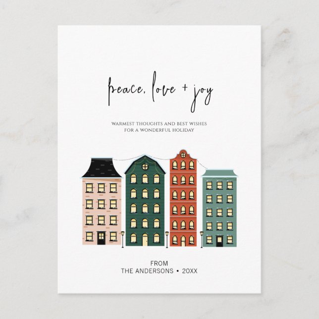 Modern Peace Love & Joy Christmas Town Holiday Pos Postcard (Front)