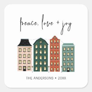 Modern Peace Love & Joy Christmas Town Holiday Square Sticker
