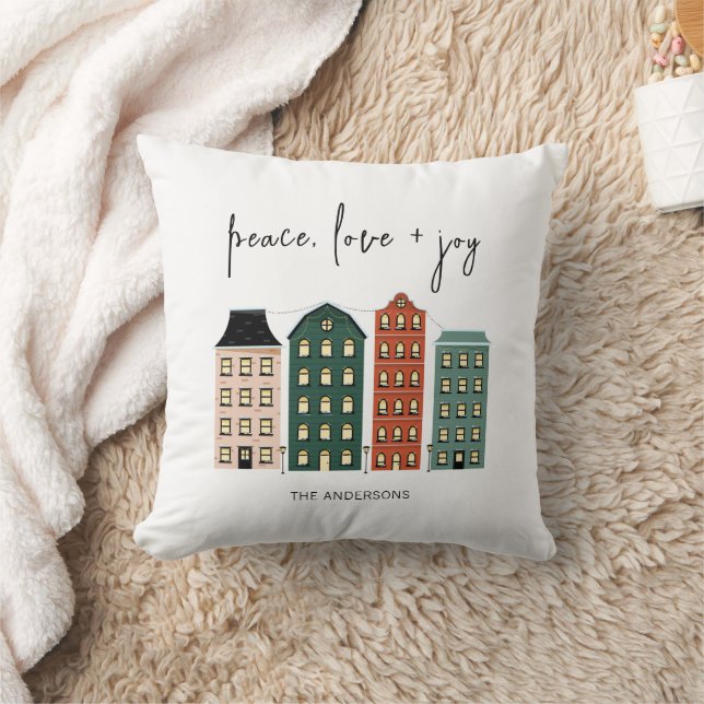 Modern Peace Love & Joy Christmas Town Holiday Throw Pillow (Blanket)