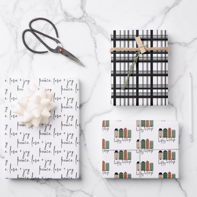 Modern Peace Love & Joy Christmas Town Holiday Wrapping Paper Sheets (Front)