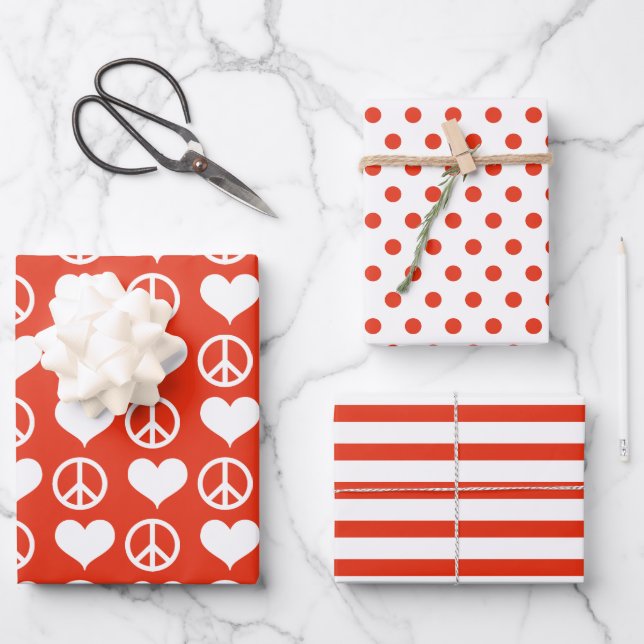 Modern Peace + Love Red White Christmas Holiday  Wrapping Paper Sheets (Front)
