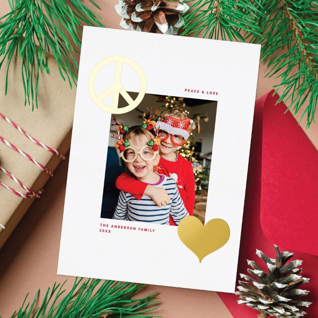 Modern Peace Love Symbols One Photo White Gold Foil Holiday Card (Creator Uploaded)
