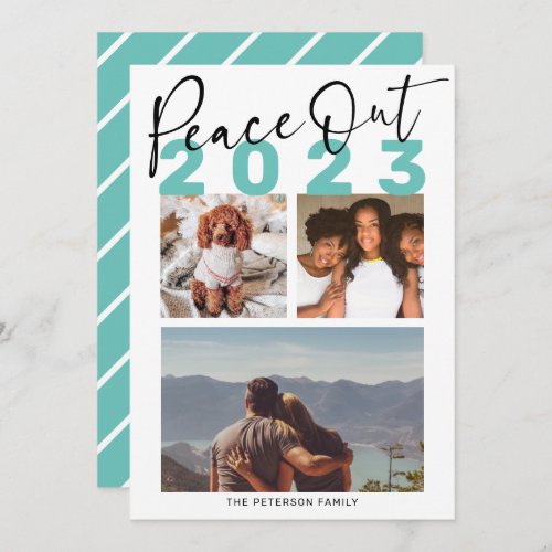 Modern peace out 2020 New Year 3 photos teal Card