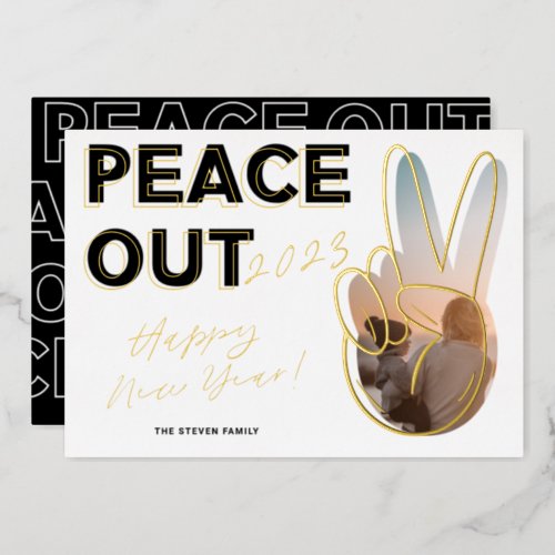 Modern  peace out 2022 Happy New Year photo black Foil Holiday Card