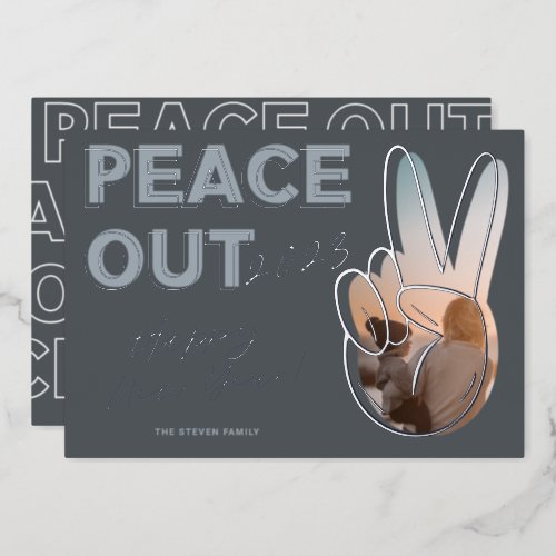 Modern peace out 2022 Happy New Year photo blue Foil Holiday Card