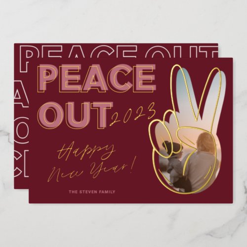 Modern peace out 2022 Happy New Year photo red Foil Holiday Card