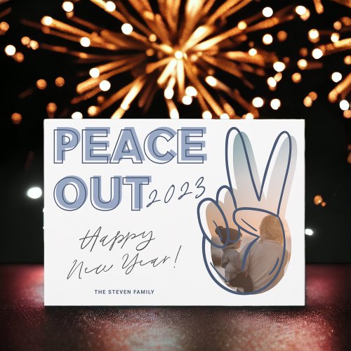 Modern  peace out 2023 Happy New Year photo blue Holiday Card