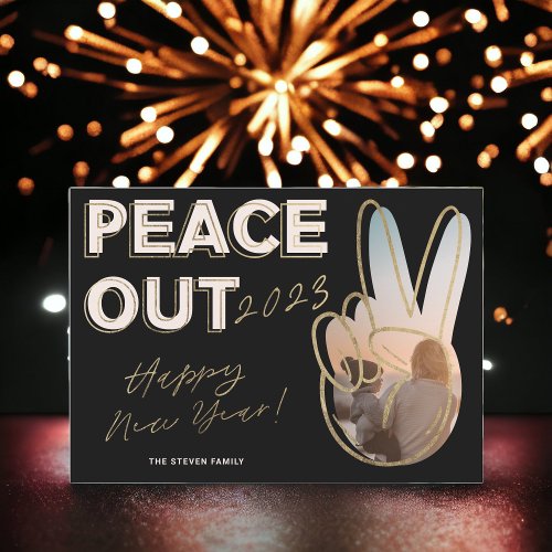 Modern peace out 2023 Happy New Year photo gold Holiday Card