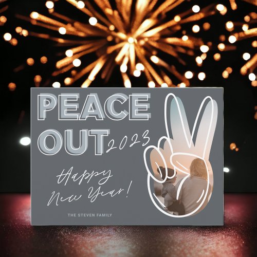 Modern  peace out 2023 Happy New Year photo gray Holiday Card