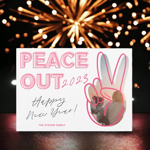 Modern  peace out 2023 Happy New Year photo pink Holiday Card