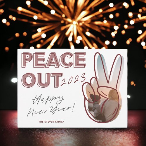 Modern peace out 2023 Happy New Year photo red Holiday Card