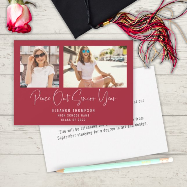 Modern Peace Out 2 Photo 2022 Graduation Red  Announcement (Creator Uploaded)