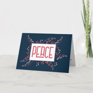 Modern PEACE red gray navy blue berries Christmas Holiday Card