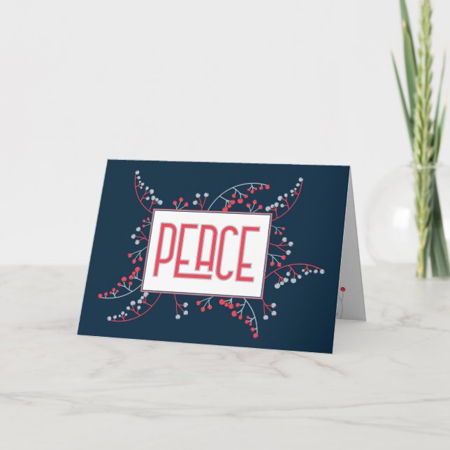 Modern PEACE red gray navy blue berries Christmas Holiday Card (Front)