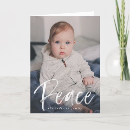 Modern Peace Script Green 3 Photo Holiday Card