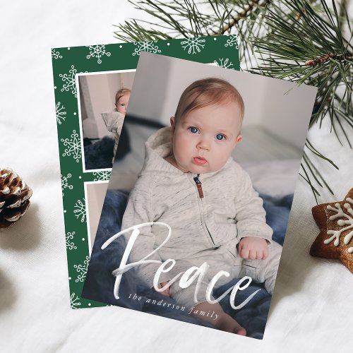 Modern Peace Script Green 3 Photo Holiday Card