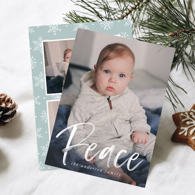 Modern Peace Script Ice Blue 3 Photo Holiday Card (Creator Uploaded)