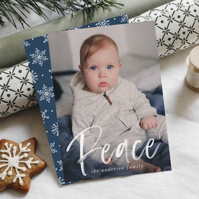 Modern Peace Script Navy Photo Holiday Card (Creator Uploaded)