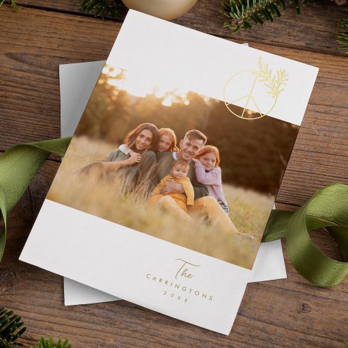 Modern Peace Sign and Pine Christmas Photo Foil Holiday Card