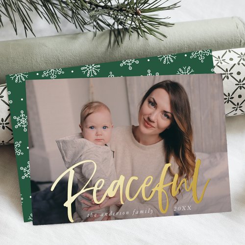 Modern Peaceful Script Green Photo Foil Holiday Card