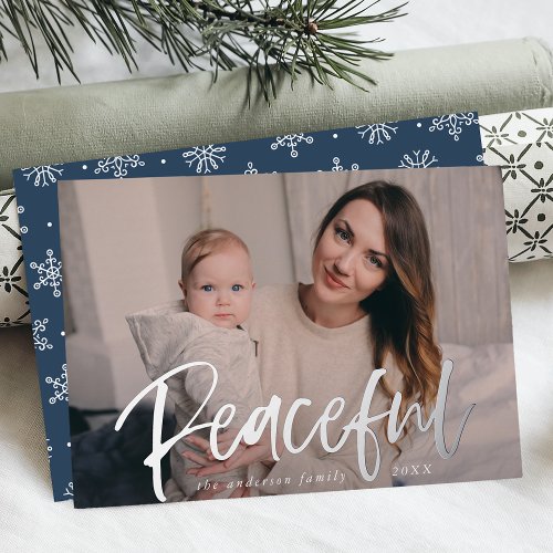 Modern Peaceful Script Navy Photo Foil Holiday Card