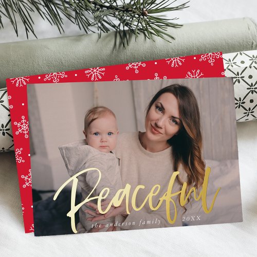 Modern Peaceful Script Red Photo Foil Holiday Card