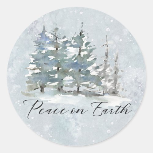 Modern Peaceful Winter Watercolor Landscape Classic Round Sticker