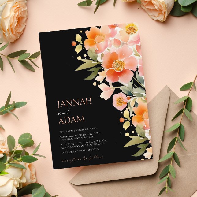 Modern Peach and Black Floral Wedding Invitation (Creator Uploaded)