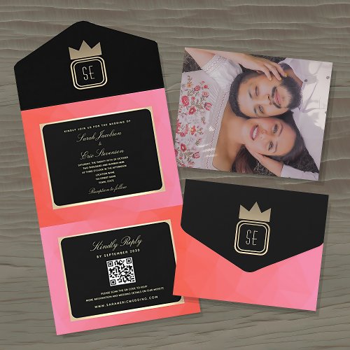 Modern Peach and Black QR Code Wedding All In One Invitation