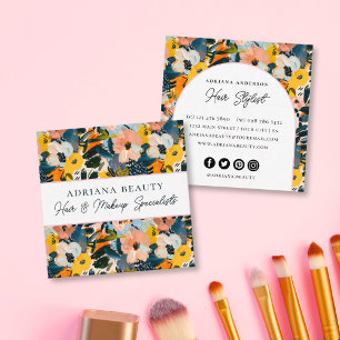 Modern Peach and Blue Abstract Floral Hair Stylist Square Business Card