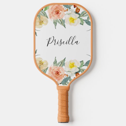 Modern Peach And Cream Watercolor Flowers Pickleball Paddle