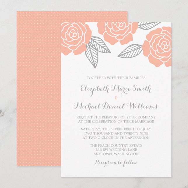 Modern Peach and Gray Rose Wedding Invitation (Front/Back)