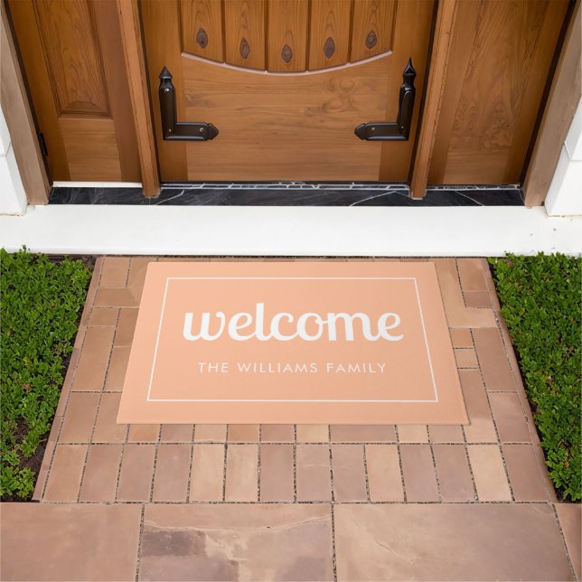 Modern Peach and White Personalized Welcome Doormat (Outdoor)