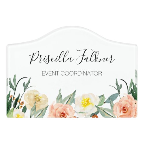 Modern Peach and White Watercolor Flowers Name Door Sign