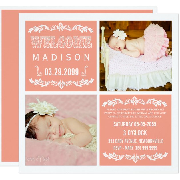 Modern Peach Baby Girl Sip & See Party Photo Cards