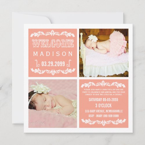 Modern Peach Baby Girl Sip &amp; See Party Photo Cards