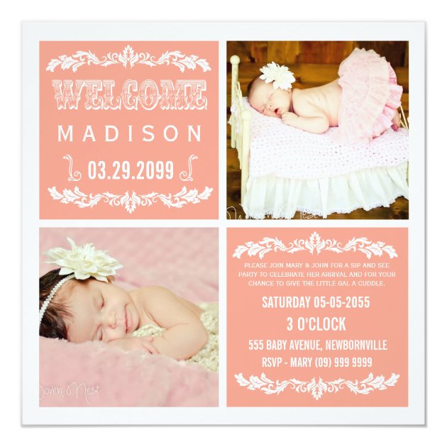 Modern Peach Baby Girl Sip & See Party Photo Cards