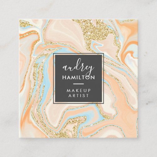 Modern peach blue marble chic gold glitter makeup square business card